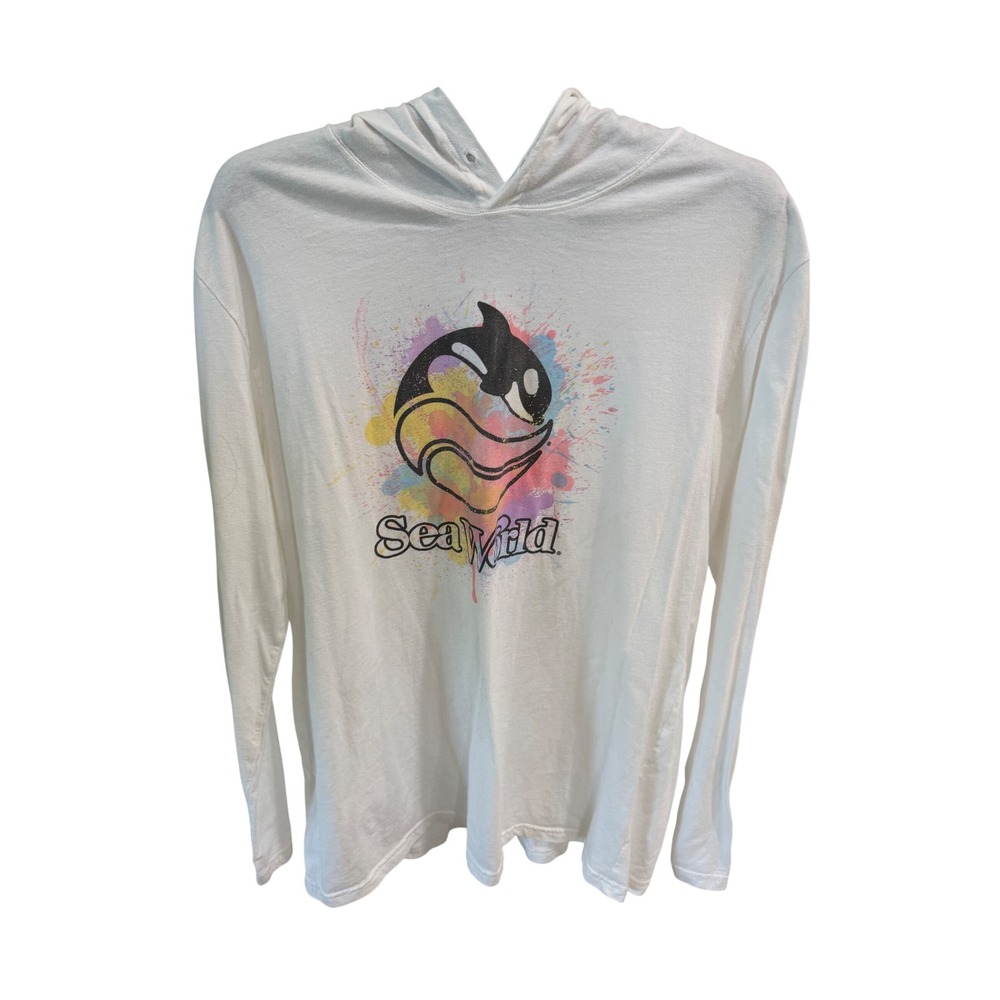 SeaWorld Orca Watercolor Graphic Hooded Long Sleeve T-Shirt White XL RN106618